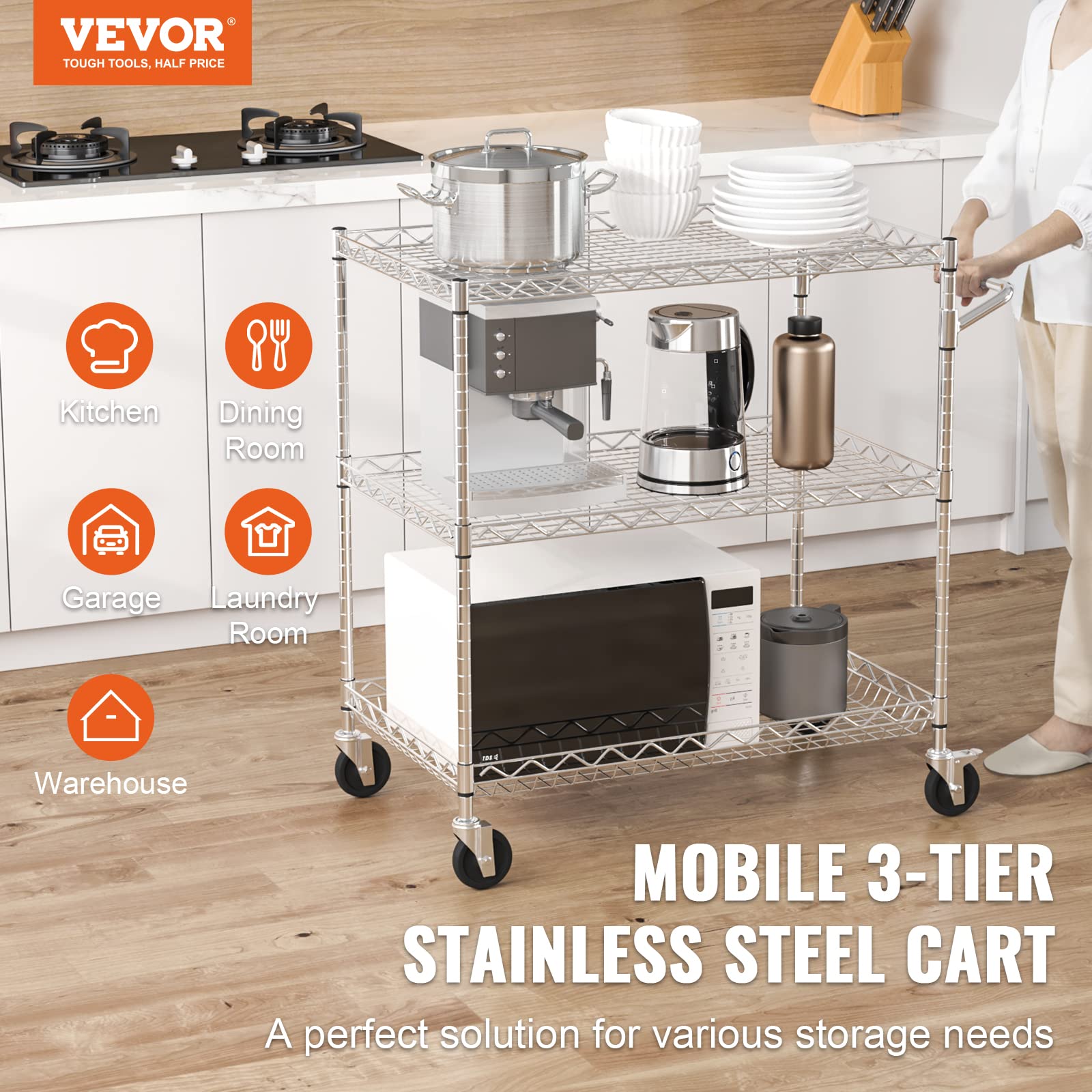 VEVOR cart with adjustable shelves at 1-inch intervals, customization for tall appliances.