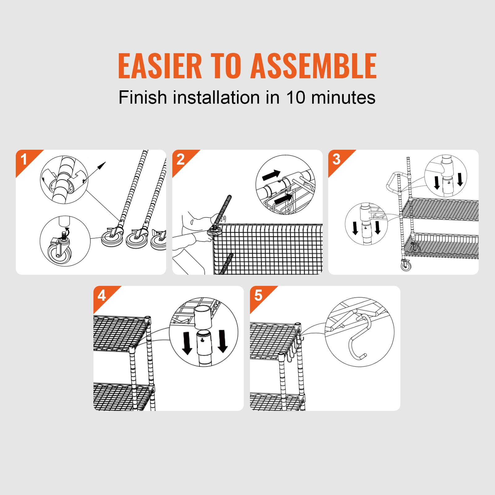VEVOR open-wire shelves provide visibility and airflow for quick item checks.