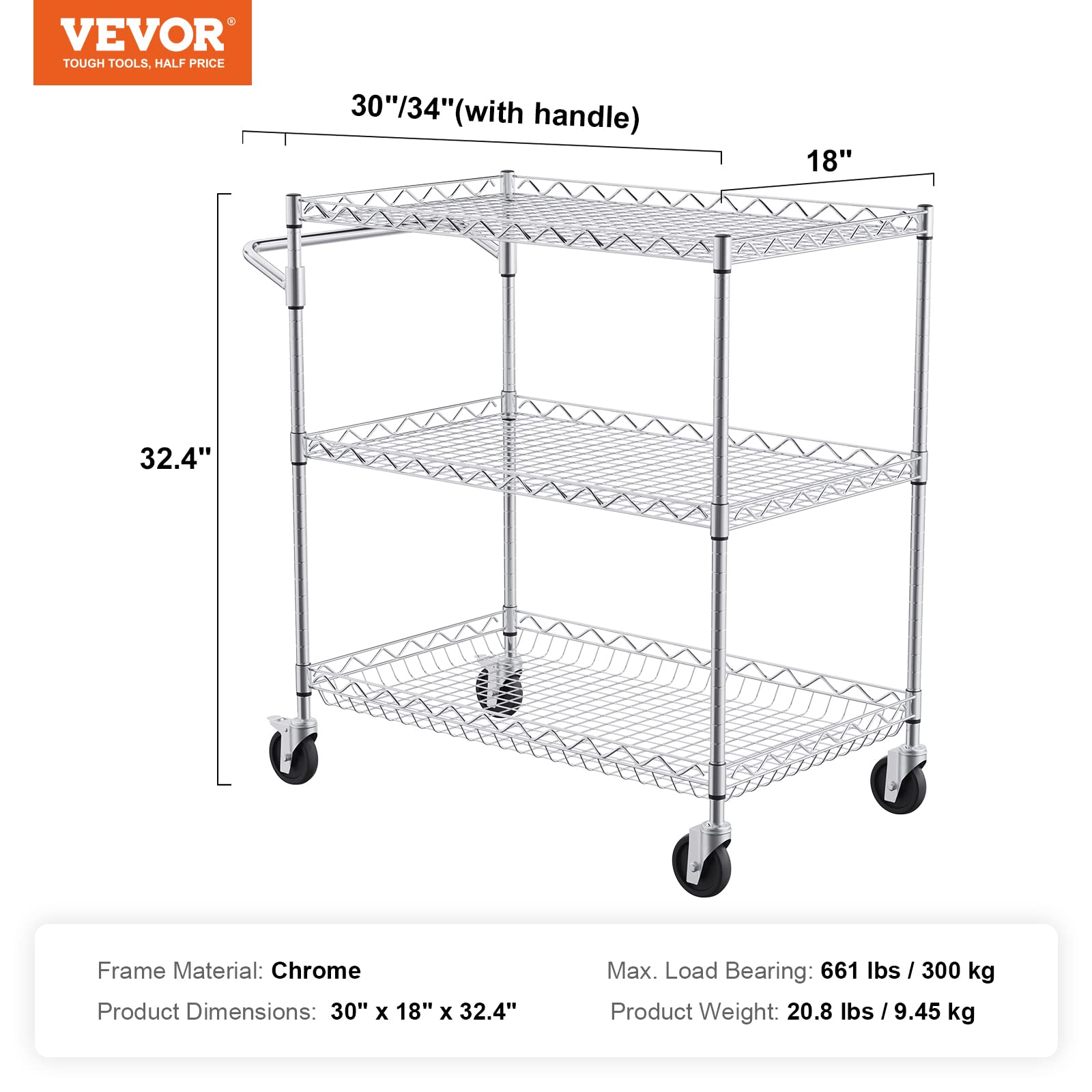 VEVOR raised shelf edges prevent items from slipping during transport.