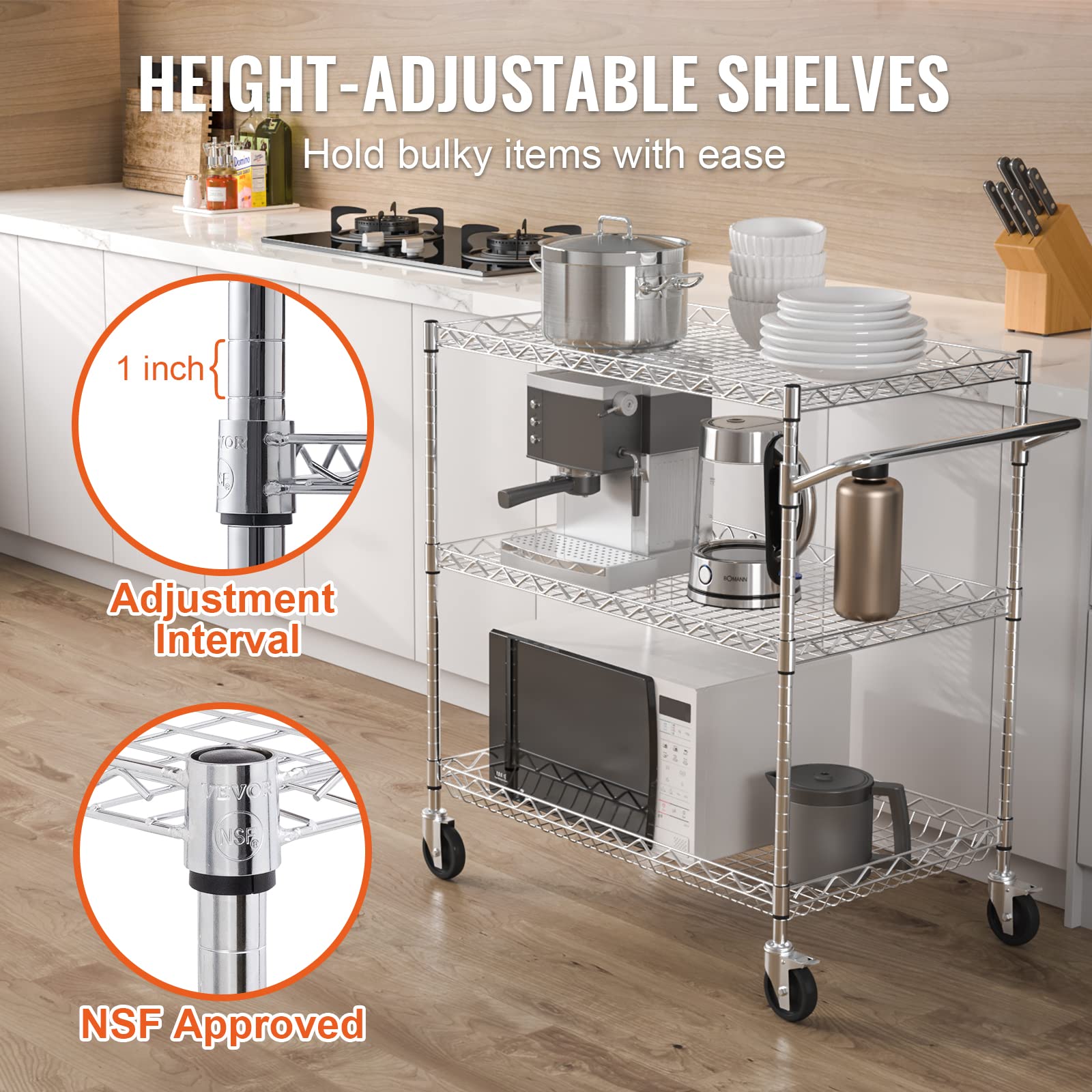 VEVOR rolling cart with silent casters and rear brake for quiet, controlled movement.