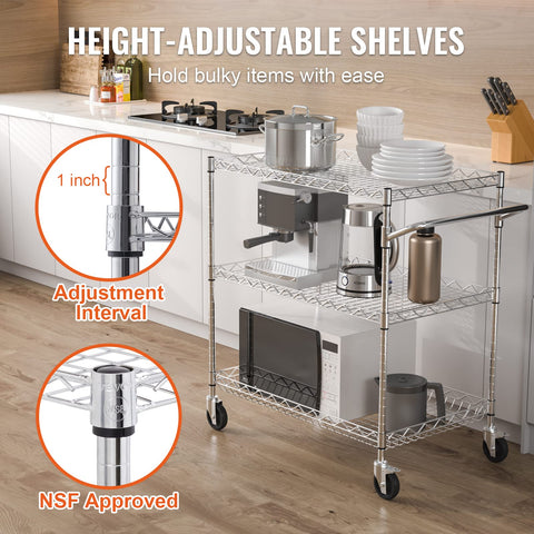 VEVOR rolling cart with silent casters and rear brake for quiet, controlled movement.