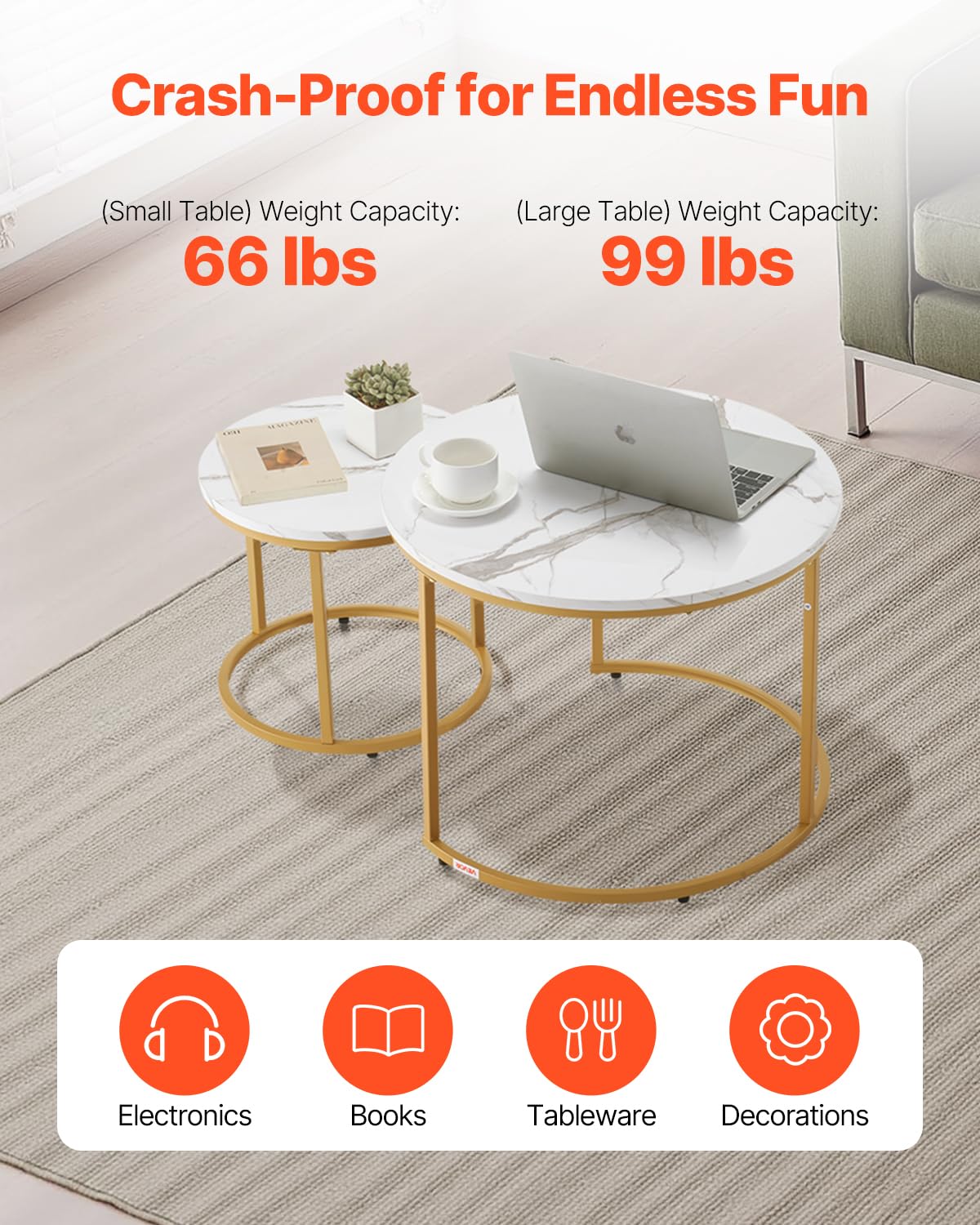 VEVOR nesting coffee table adjustable feet ensure stability on uneven floors