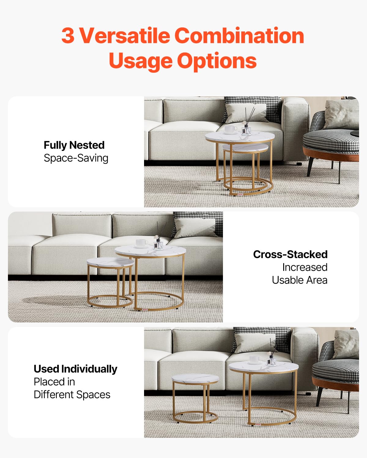 VEVOR nesting coffee table small white gold top beside sofa