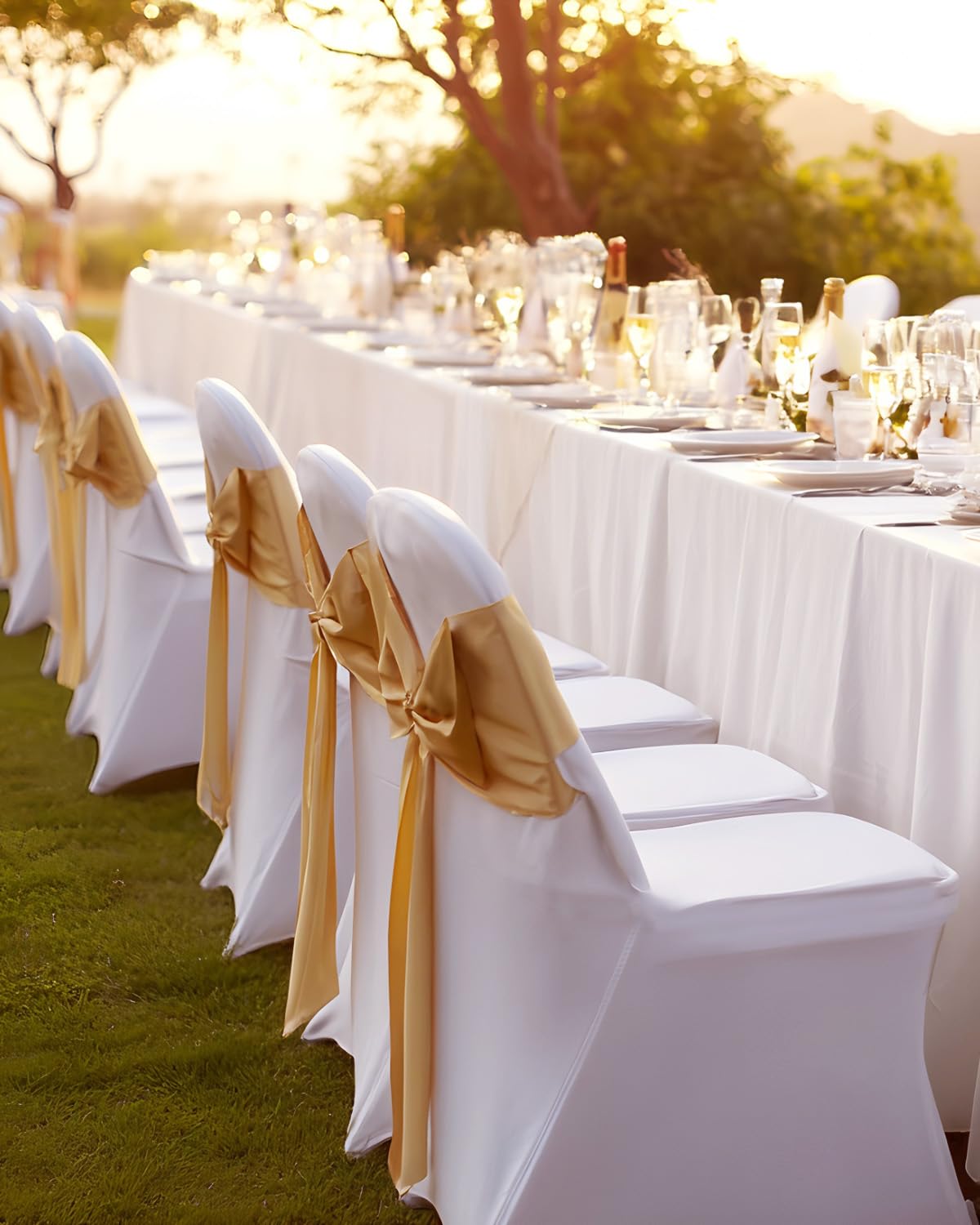 Outdoor event setup featuring white VEVOR chair covers for decor