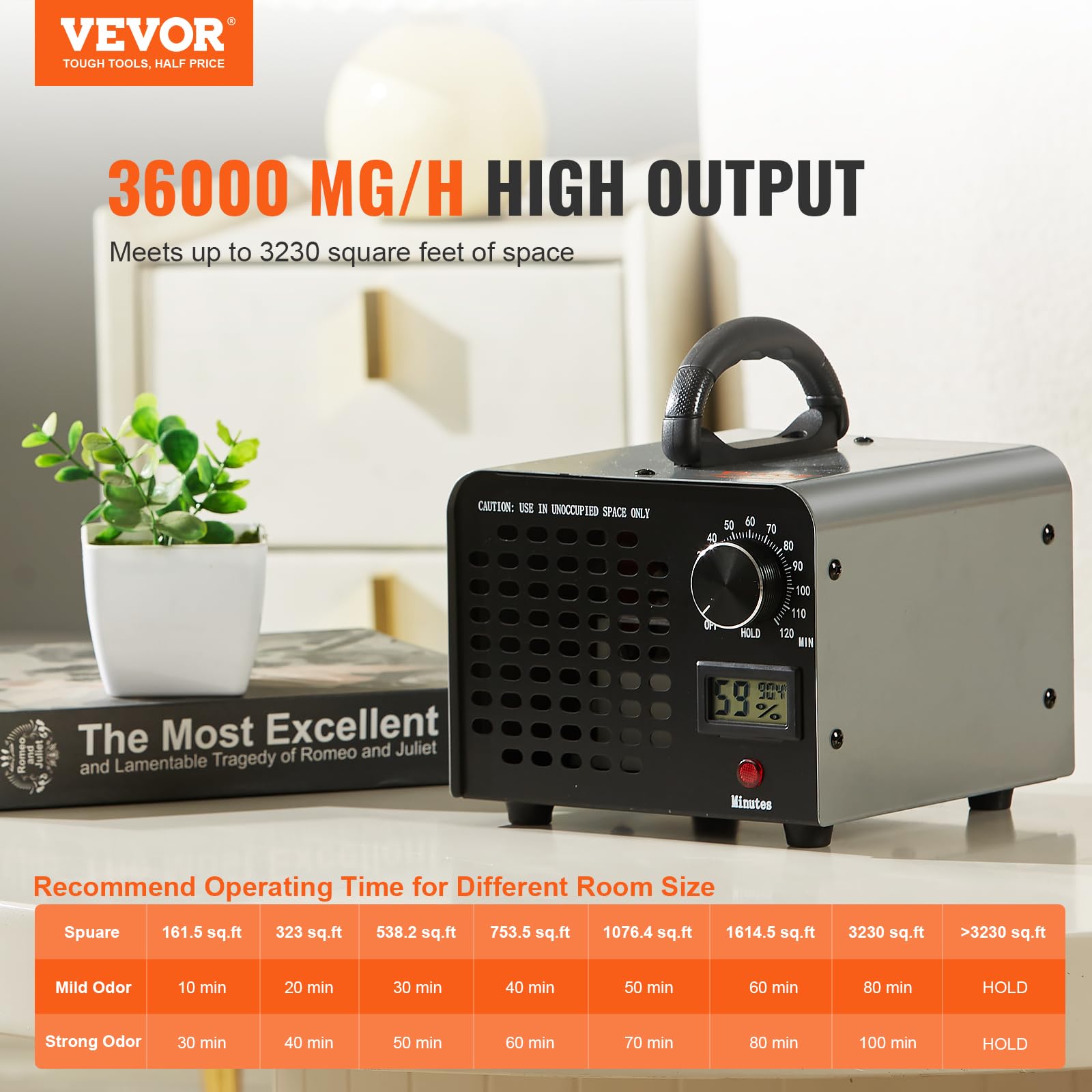 VEVOR ozone generator digital display shows settings at a glance.