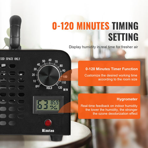 VEVOR ozone generator timer setting enables precise session lengths.