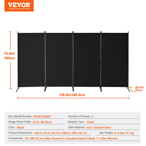 VEVOR sturdy iron frame supports the four-panel screen