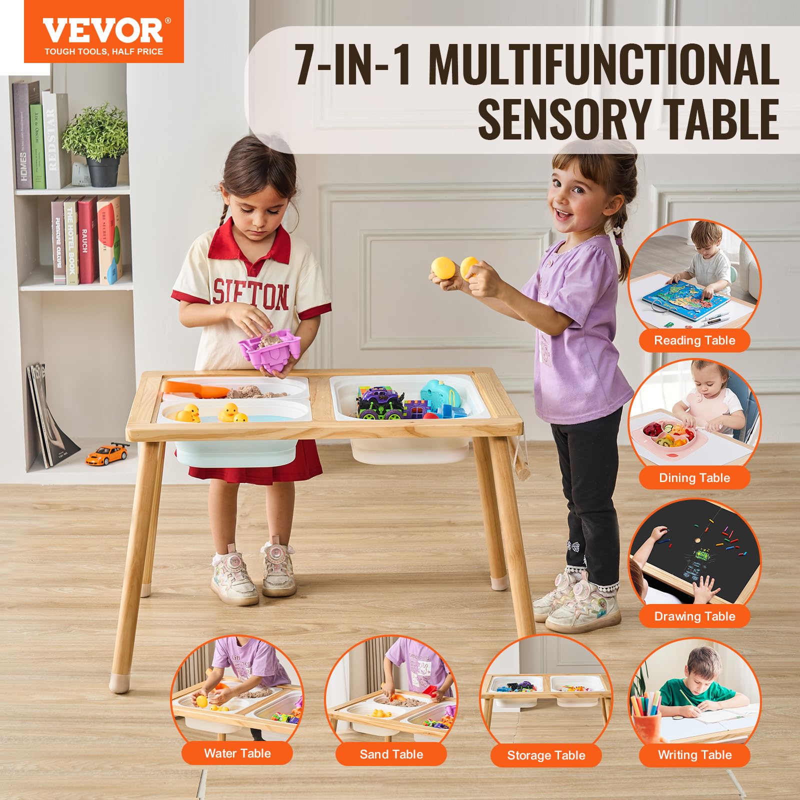 VEVOR sensory table with foldable bins for quick toy organization during play.