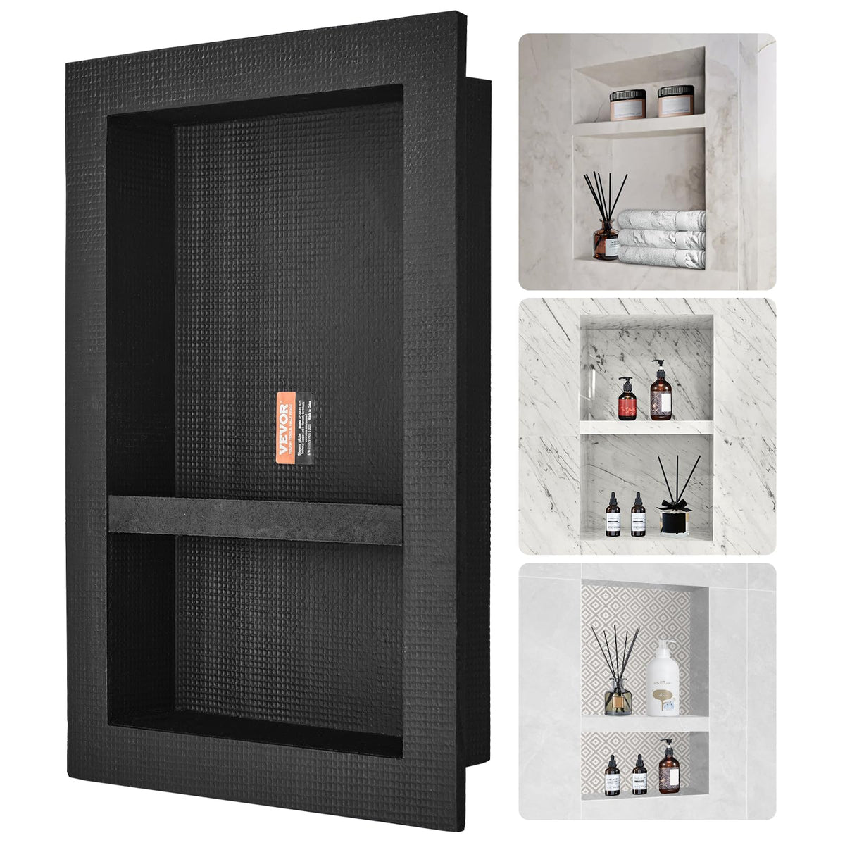 VEVOR shower niche front view with double shelves for organization.