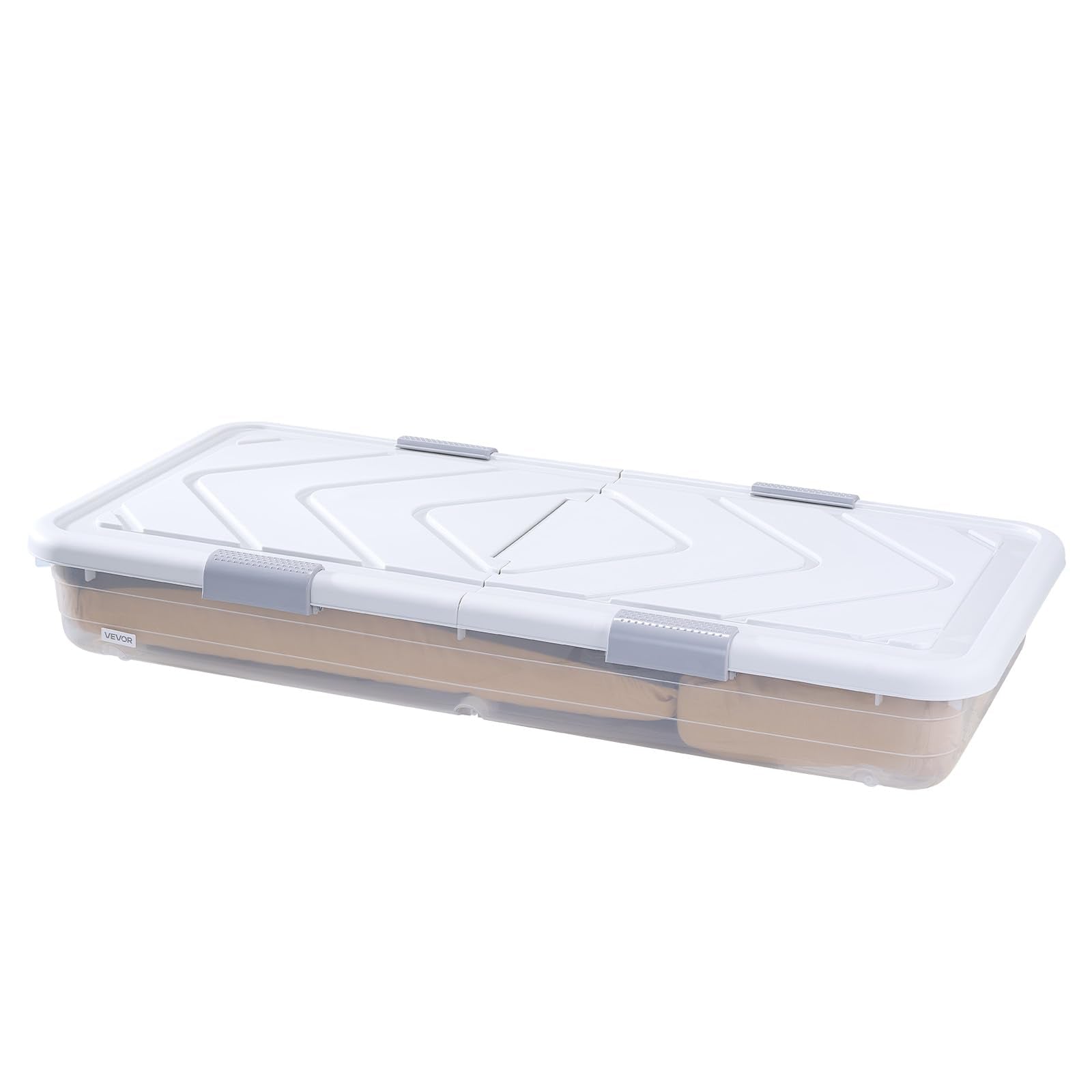 Compact under-bed storage blends with closets or beneath furniture
