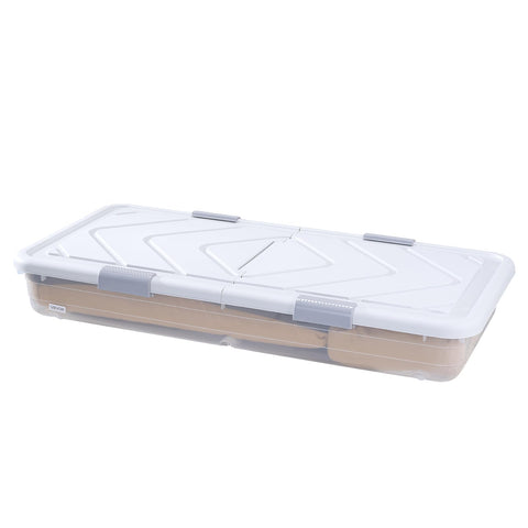 Compact under-bed storage blends with closets or beneath furniture