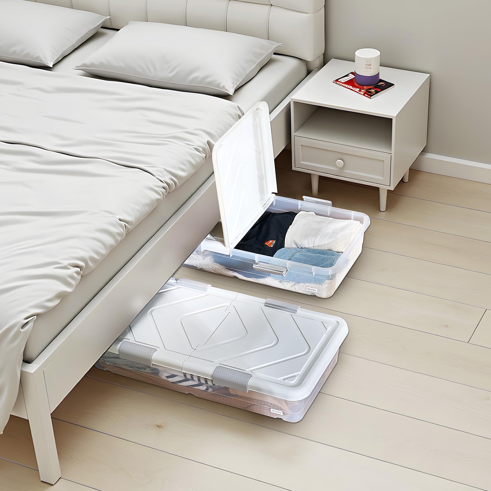 Large capacity bins hold clothes, shoes, and bulky items neatly