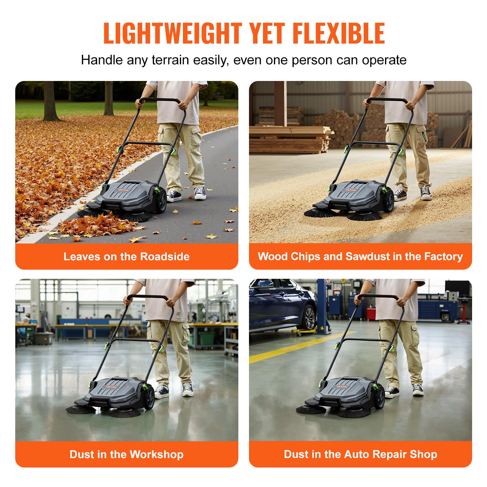 VEVOR walk-behind sweeper on concrete floor demonstrates smooth, quiet operation