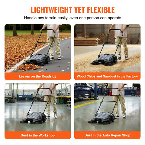 VEVOR walk-behind sweeper on concrete floor demonstrates smooth, quiet operation