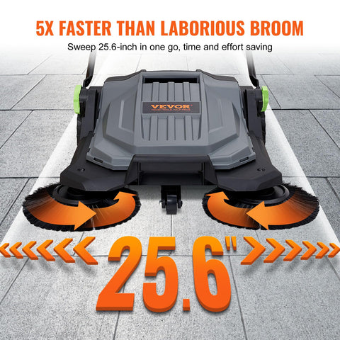 VEVOR walk-behind sweeper foldable handle shown for compact storage