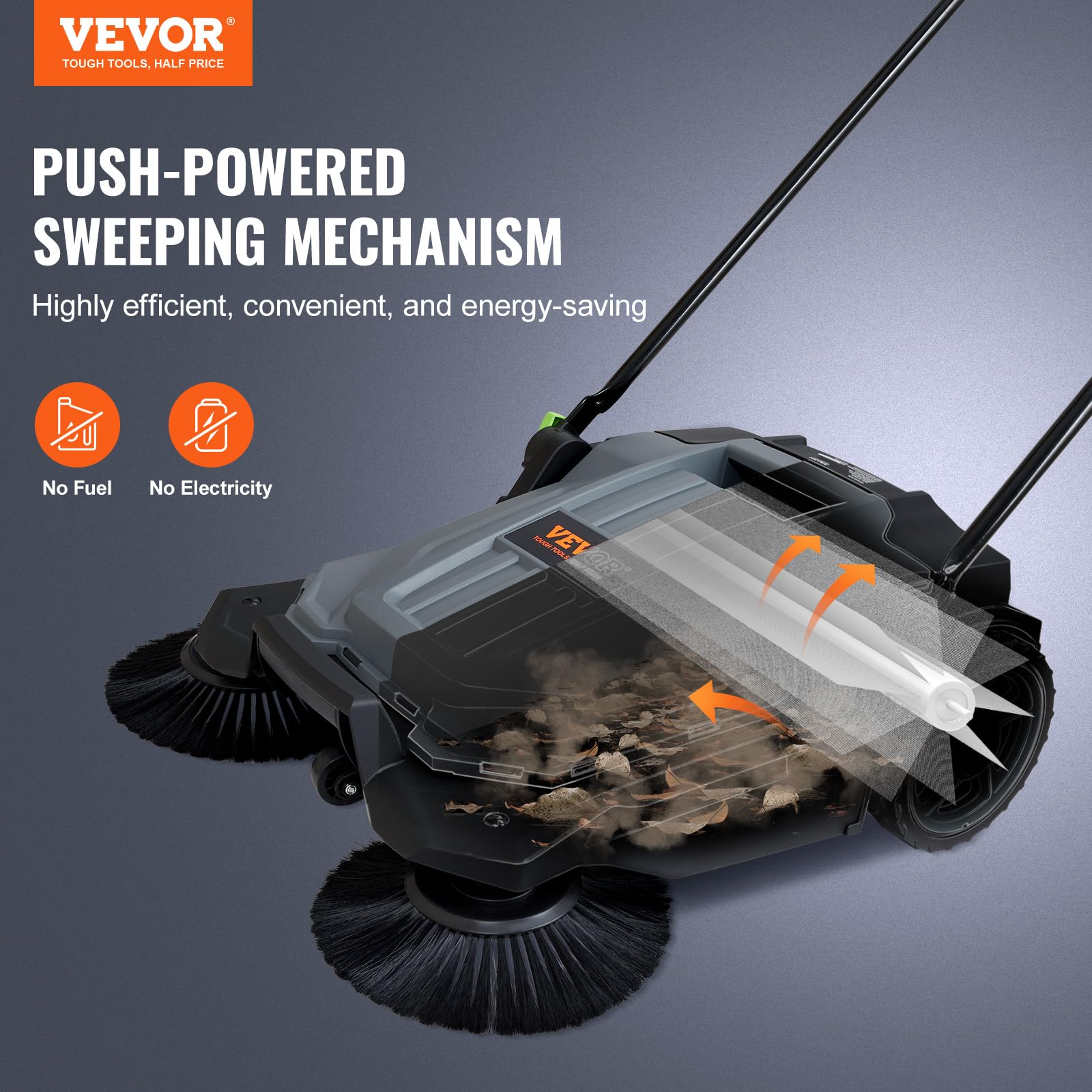 VEVOR walk-behind sweeper front view with 5-gallon waste container for easy emptying