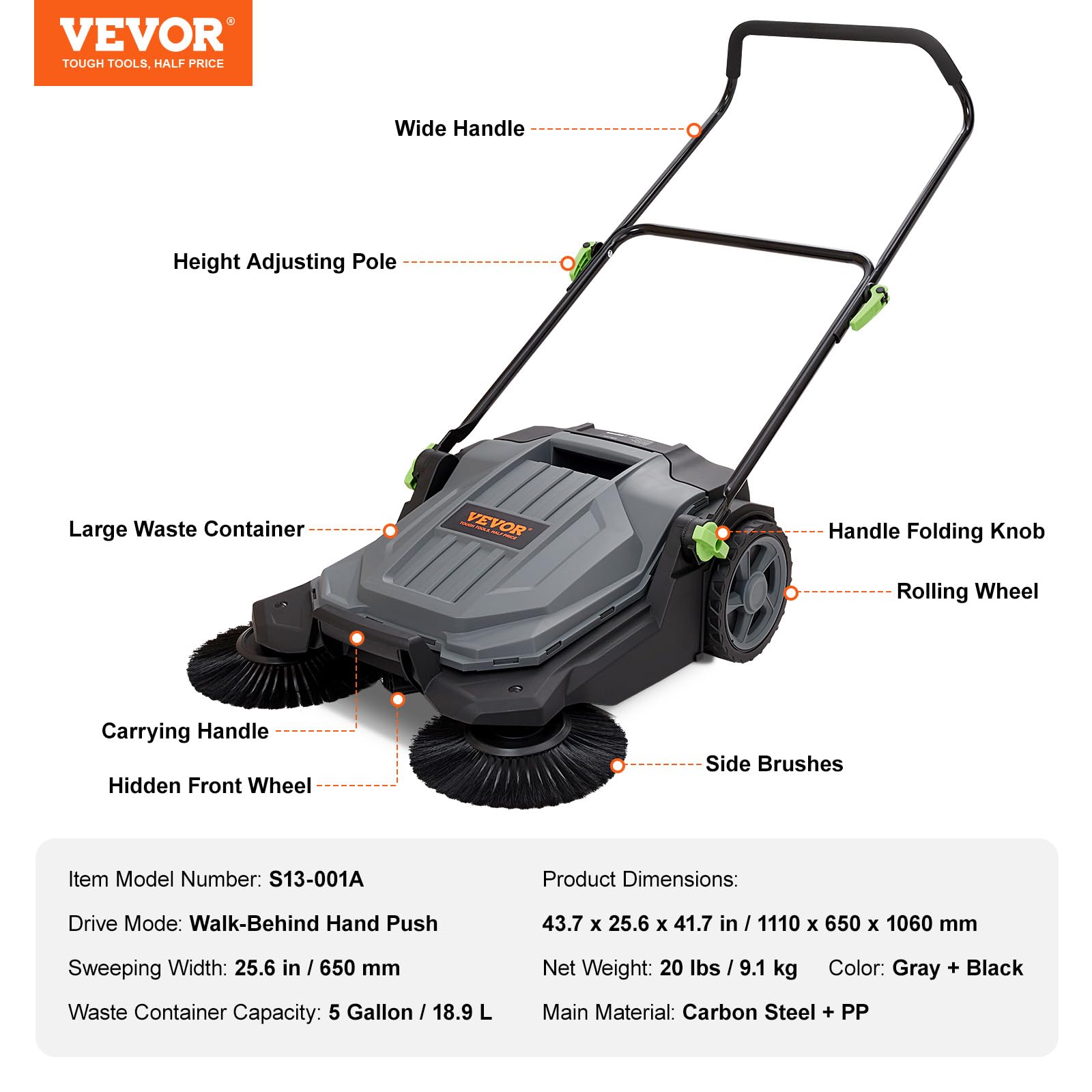 VEVOR walk-behind sweeper sweeping leaves from a patio