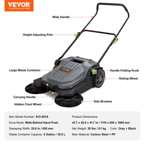 VEVOR walk-behind sweeper sweeping leaves from a patio
