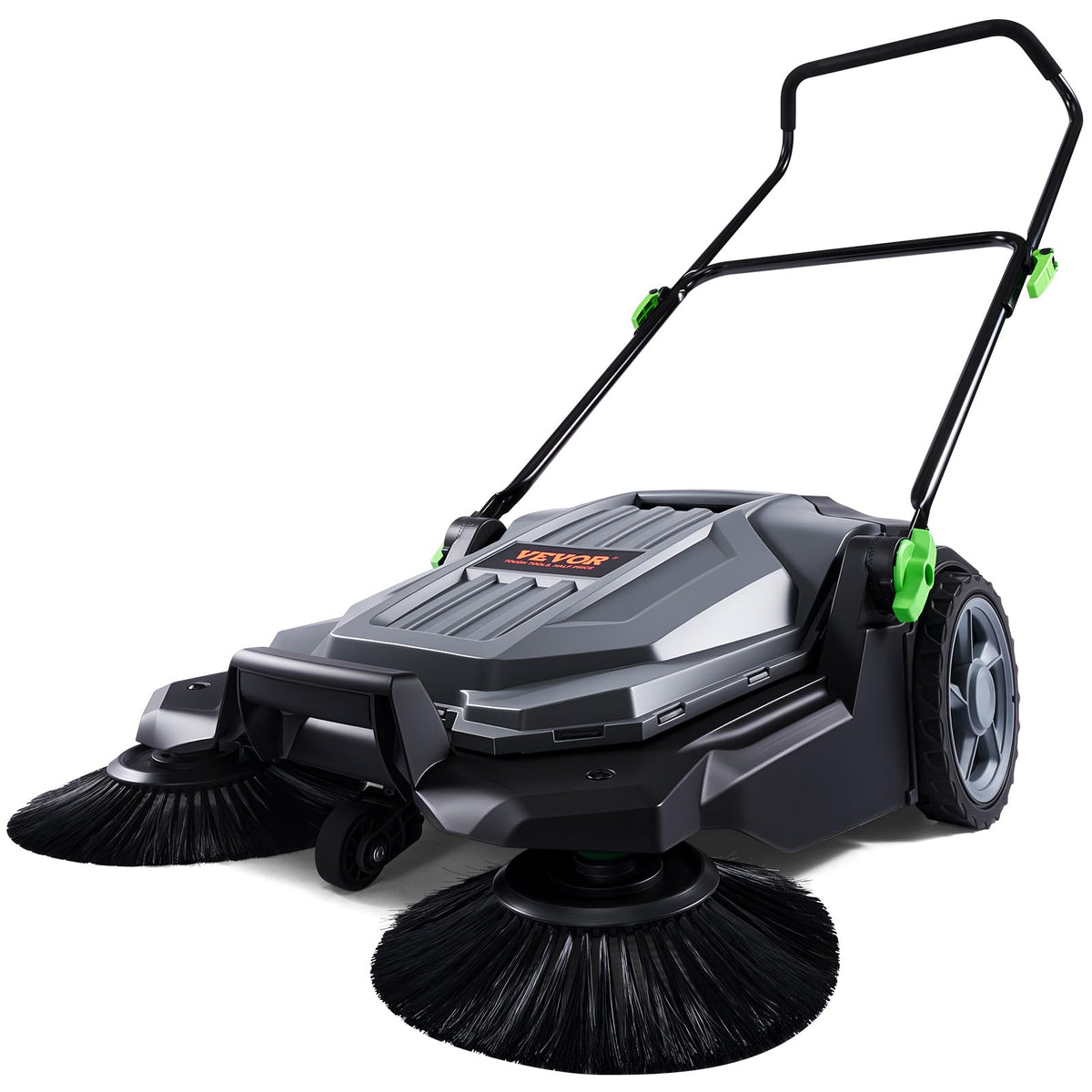 VEVOR walk-behind sweeper side view highlighting the wide cleaning path