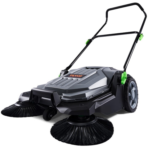 VEVOR walk-behind sweeper side view highlighting the wide cleaning path