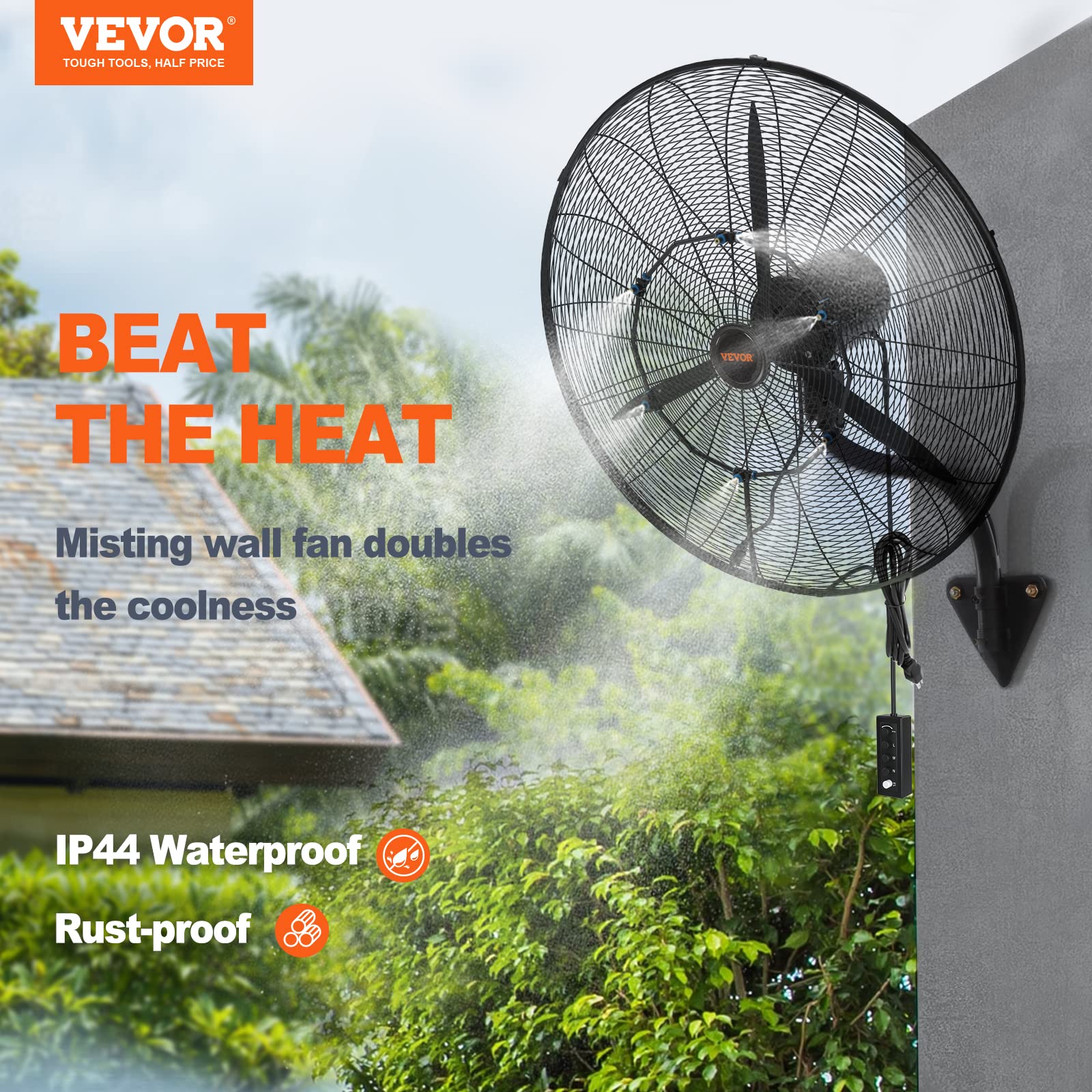 VEVOR wall-mount fan oscillates 90 degrees for even airflow.