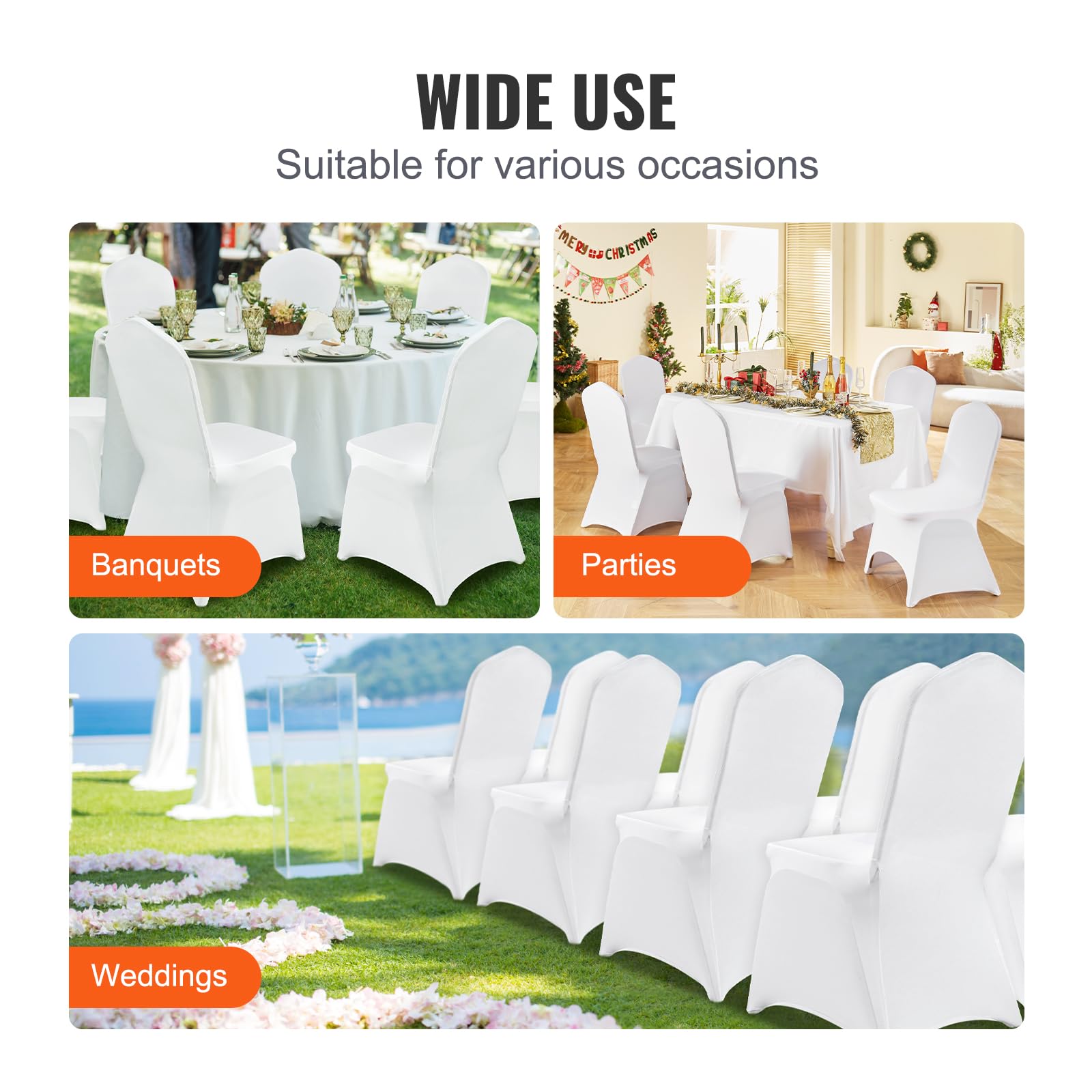 VEVOR white chair cover placed on a dining banquet setup