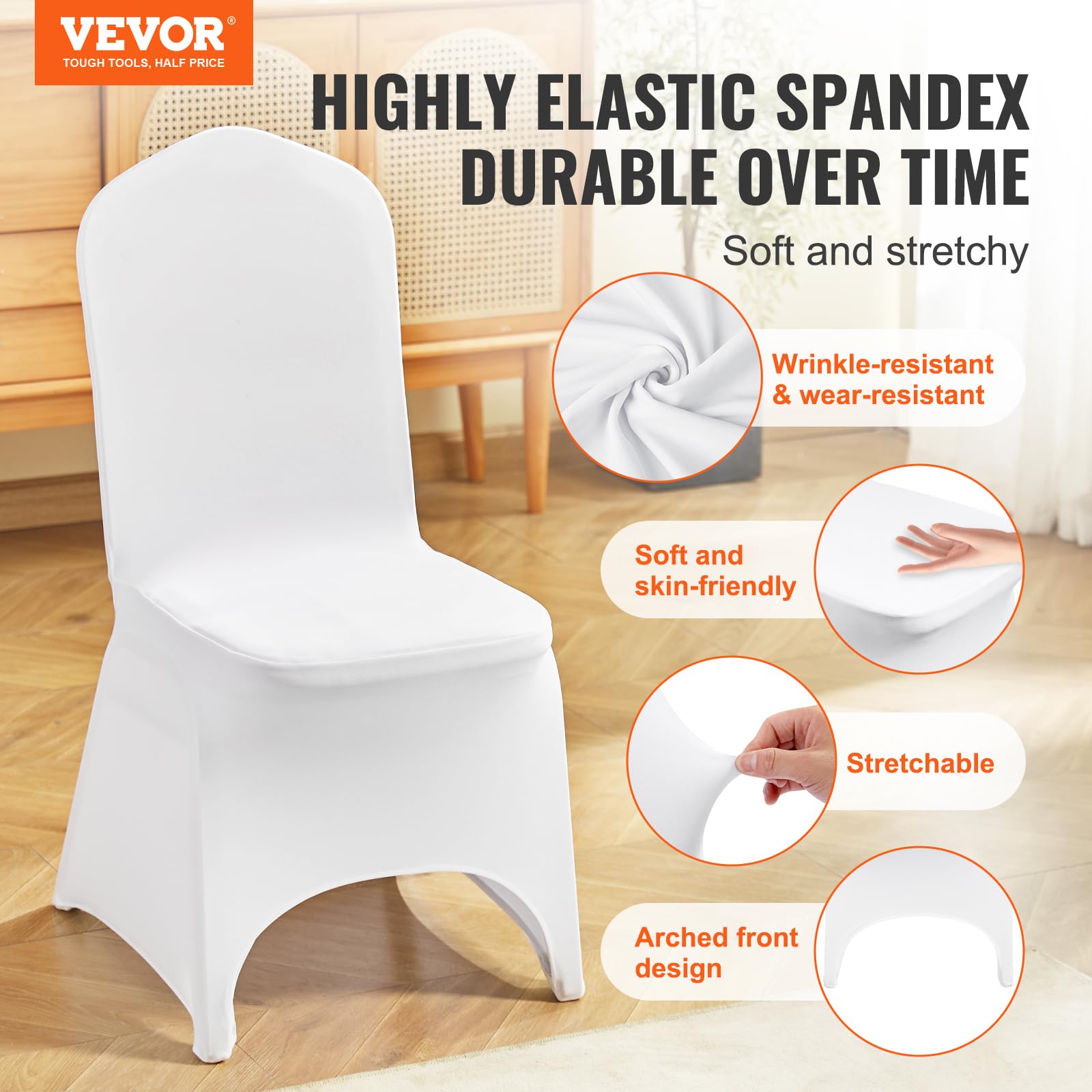 VEVOR white chair cover showing strong elastic stitching