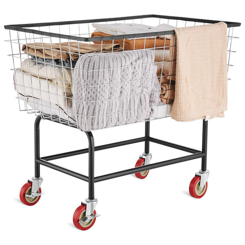 VEVOR wire laundry cart showing 3.8 bushel capacity for bulk loads