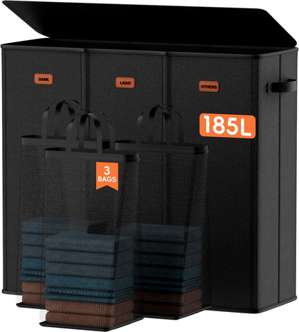 Vexalora 185L laundry hamper with three sections for organized sorting.
