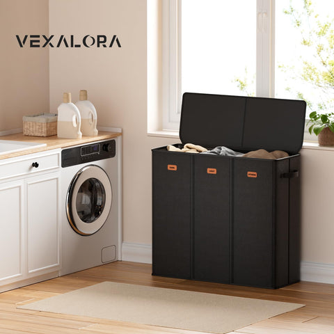 Vexalora lid-on design keeps laundry hidden and odors controlled.