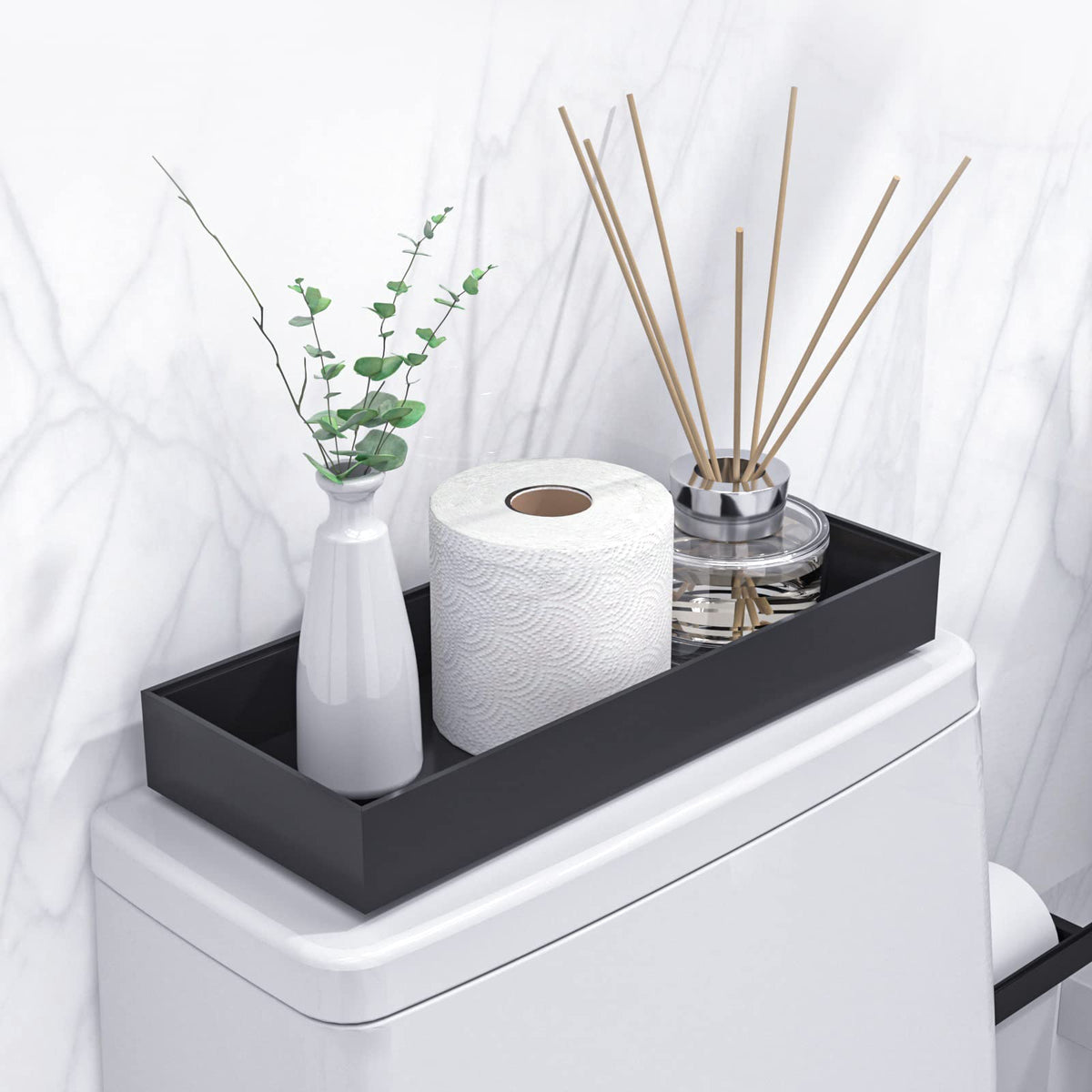 VeyFey toilet tank tray in black on a modern bathroom helps keep tissues within reach