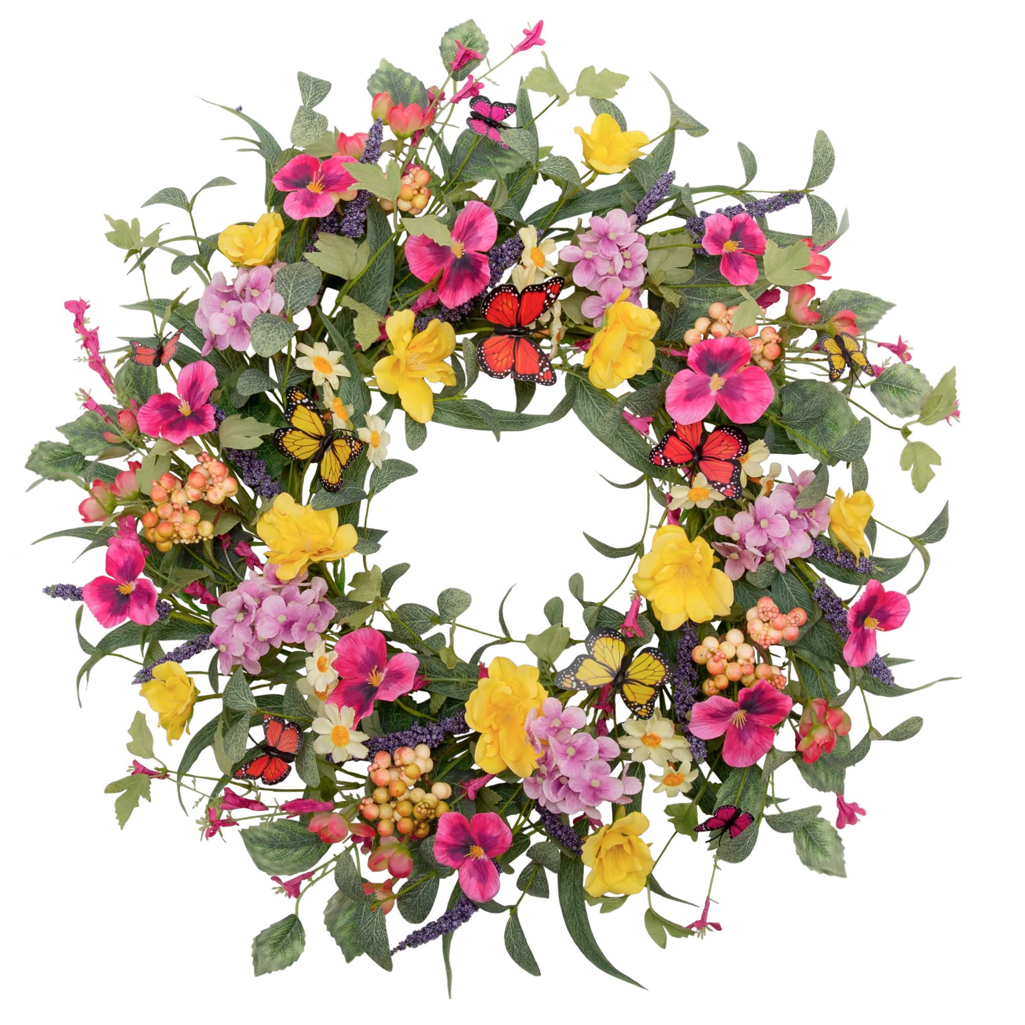 VGIA 20-inch flower wreath for spring; colorful silk blooms and butterflies brighten entryways.