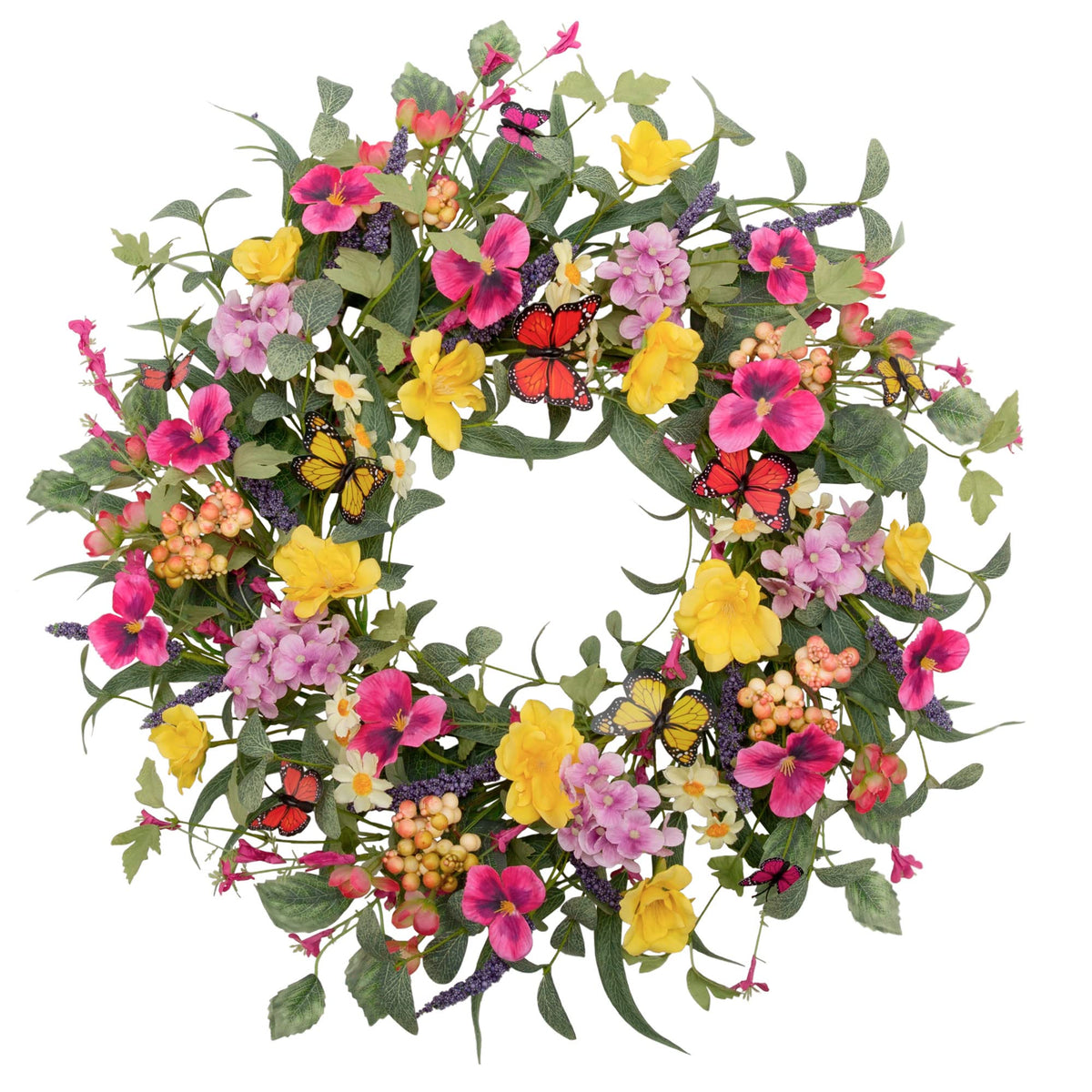 VGIA 20-inch flower wreath for spring; colorful silk blooms and butterflies brighten entryways.