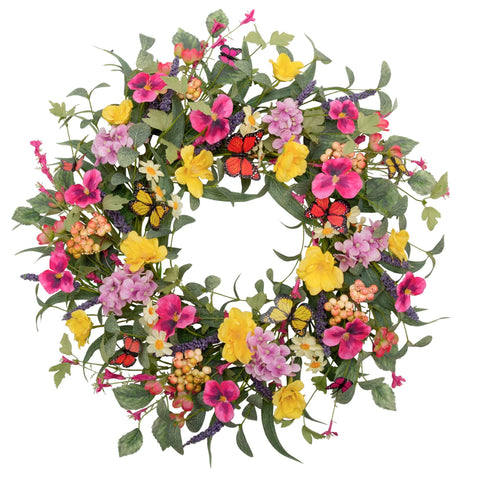 VGIA 20-inch flower wreath for spring; colorful silk blooms and butterflies brighten entryways.