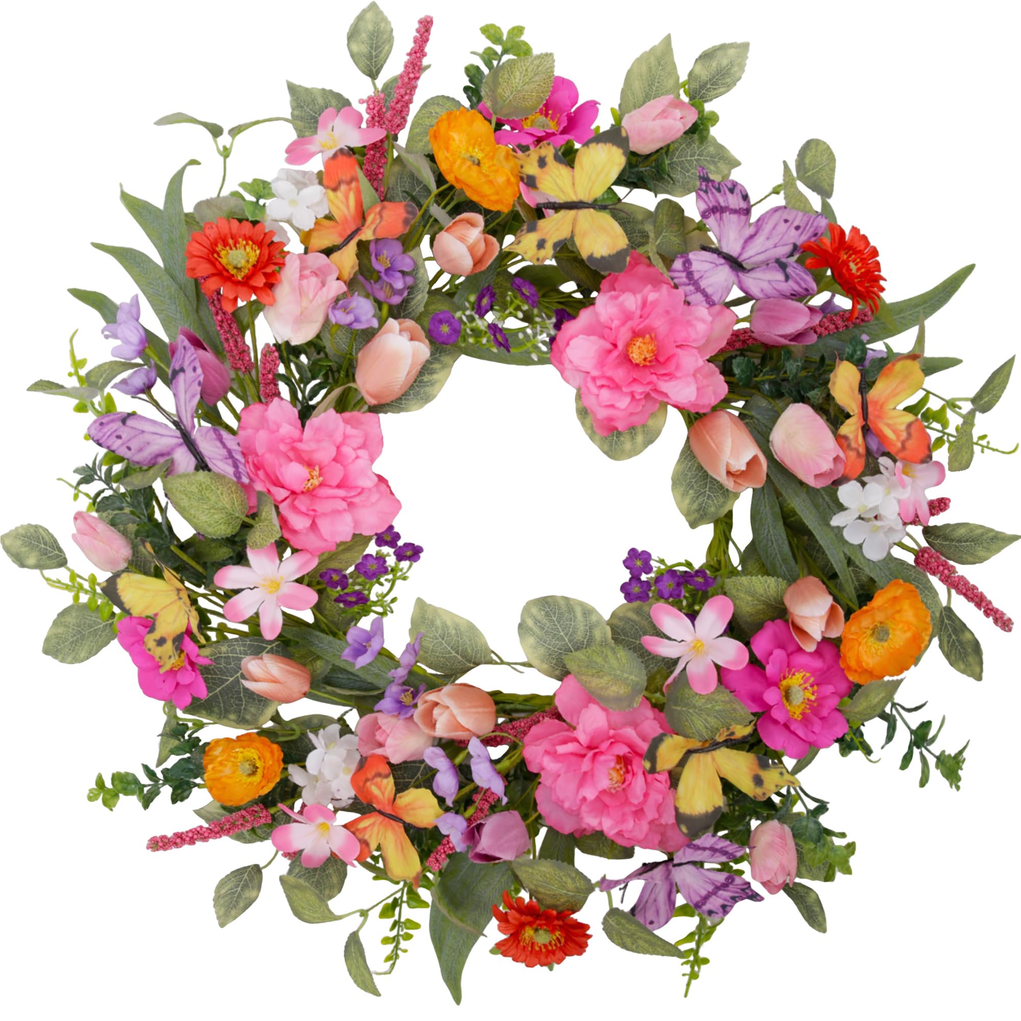 VGIA 20-inch spring wreath on front door with vibrant tulips welcoming guests