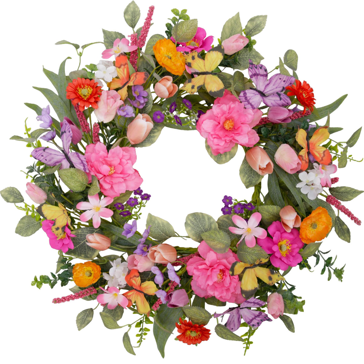 VGIA 20-inch spring wreath on front door with vibrant tulips welcoming guests