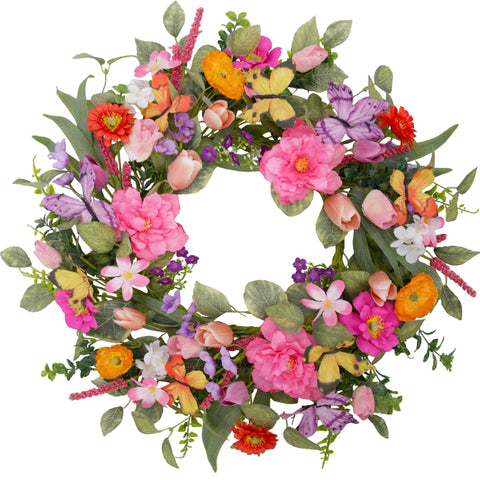 VGIA 20-inch spring wreath on front door with vibrant tulips welcoming guests
