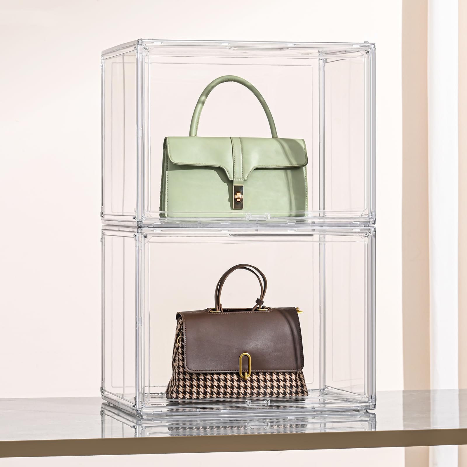 Crystal-clear PET acrylic construction highlights items with a modern, durable display