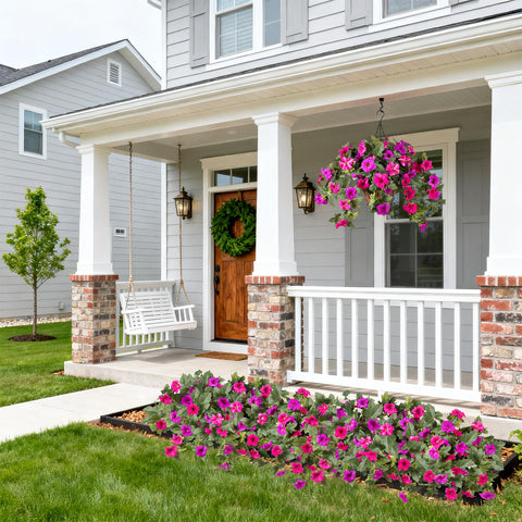 VGNQA balcony display with hanging basket adding instant color