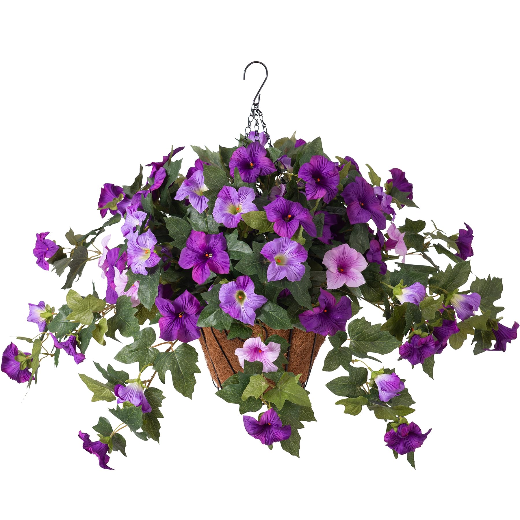 VGNQA artificial petunia flowers in a porch hanging basket with year-round color.