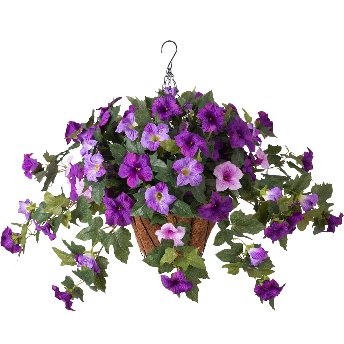 VGNQA artificial petunia flowers in a porch hanging basket with year-round color.