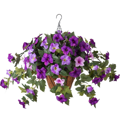 VGNQA artificial petunia flowers in a porch hanging basket with year-round color.