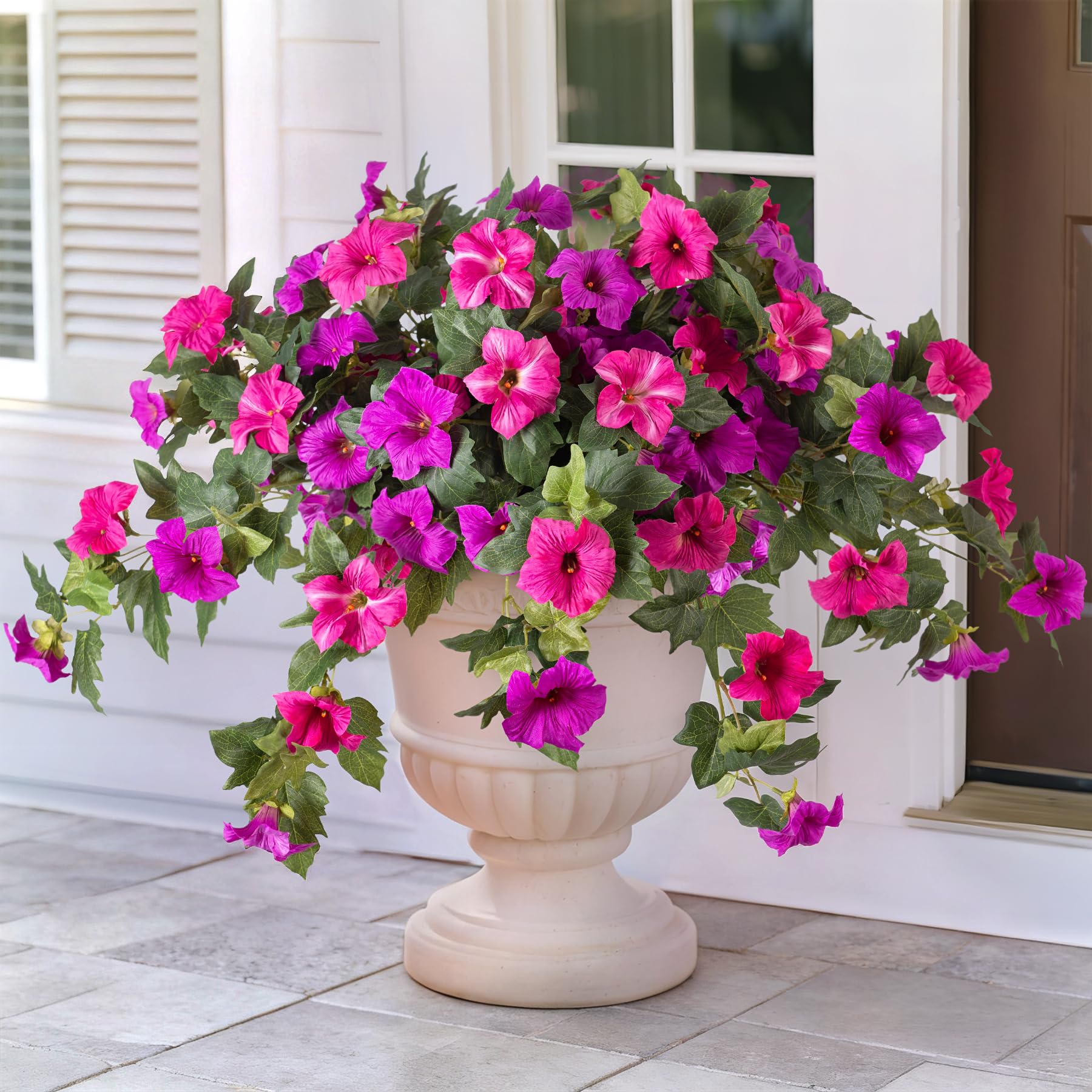 VGNQA artificial petunia pair outdoors with vibrant fuchsia blooms for outdoor decor.
