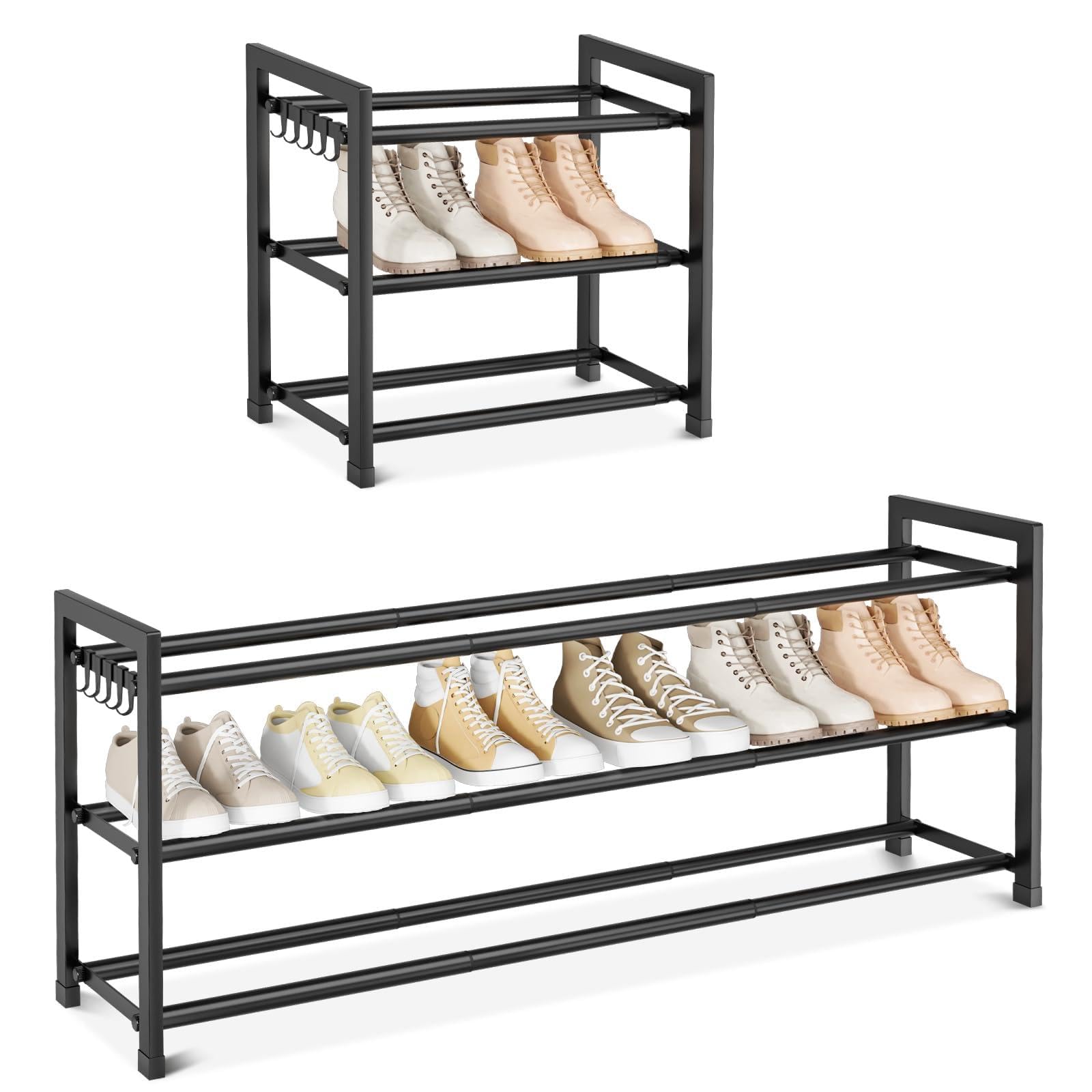 VGOBLO Expandable Shoe Rack front view in black showing compact, space-saving design.