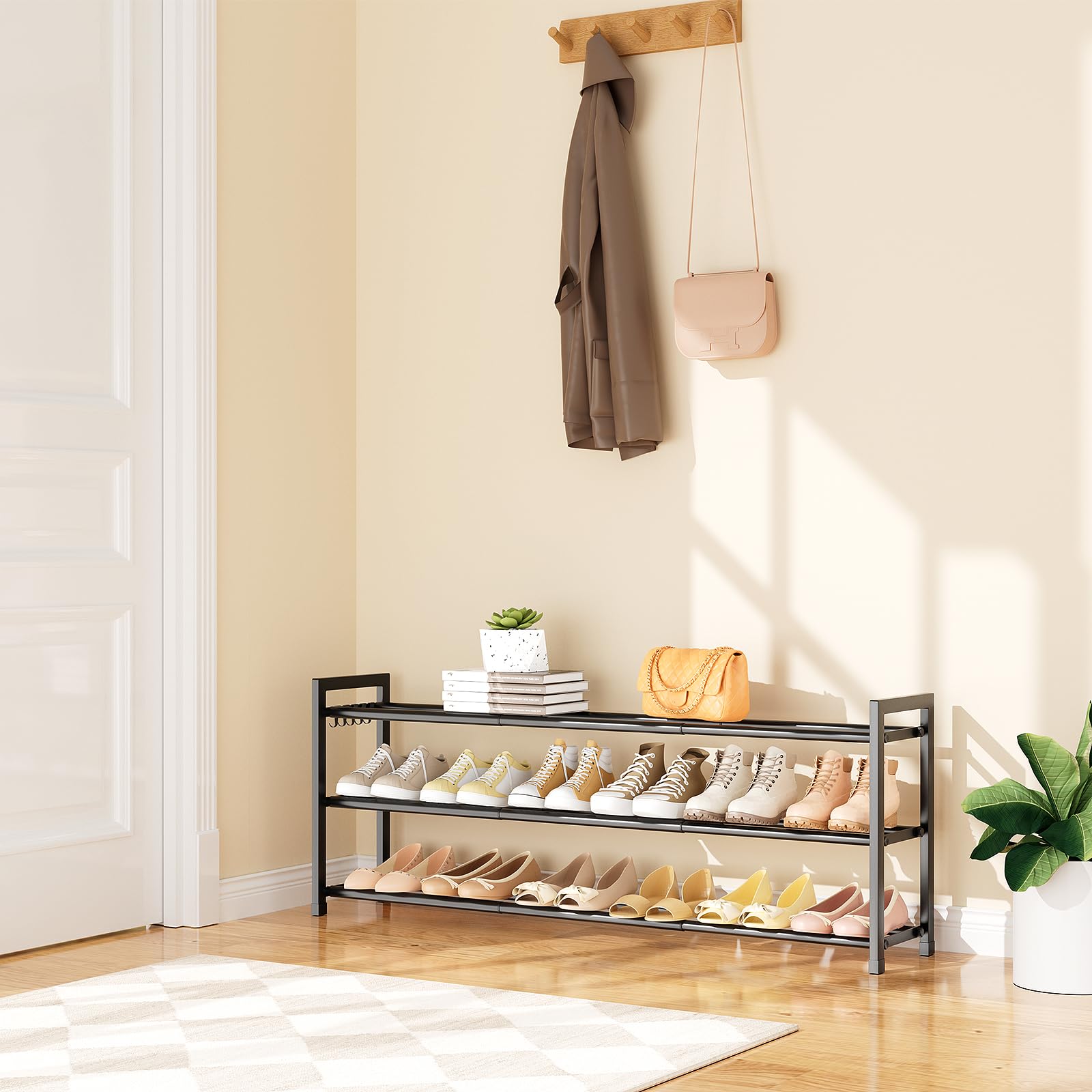 VGOBLO Expandable Shoe Rack extended to 47 inches for maximum shoe storage.