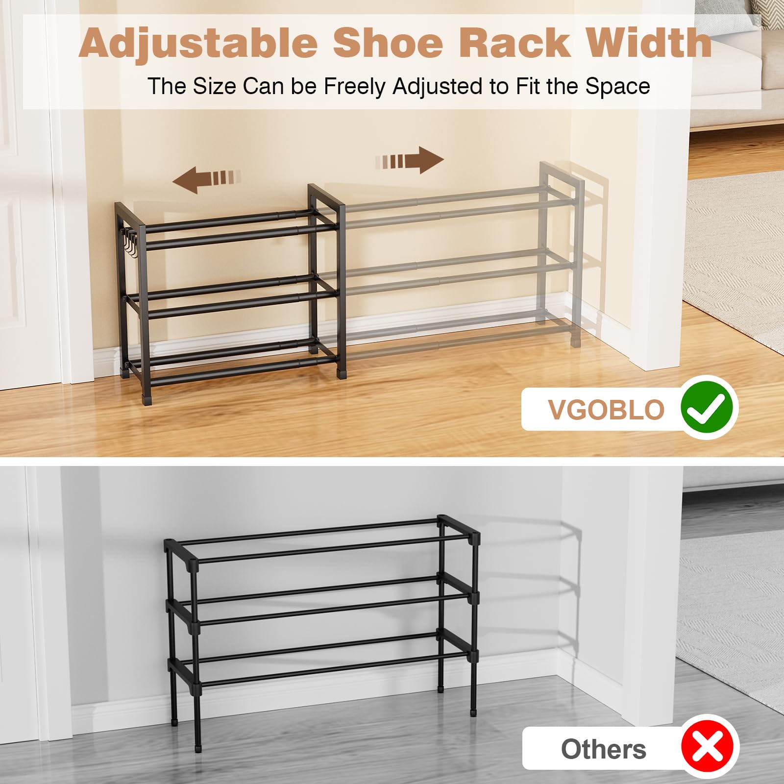 VGOBLO Expandable Shoe Rack filled with shoes demonstrating high capacity storage.