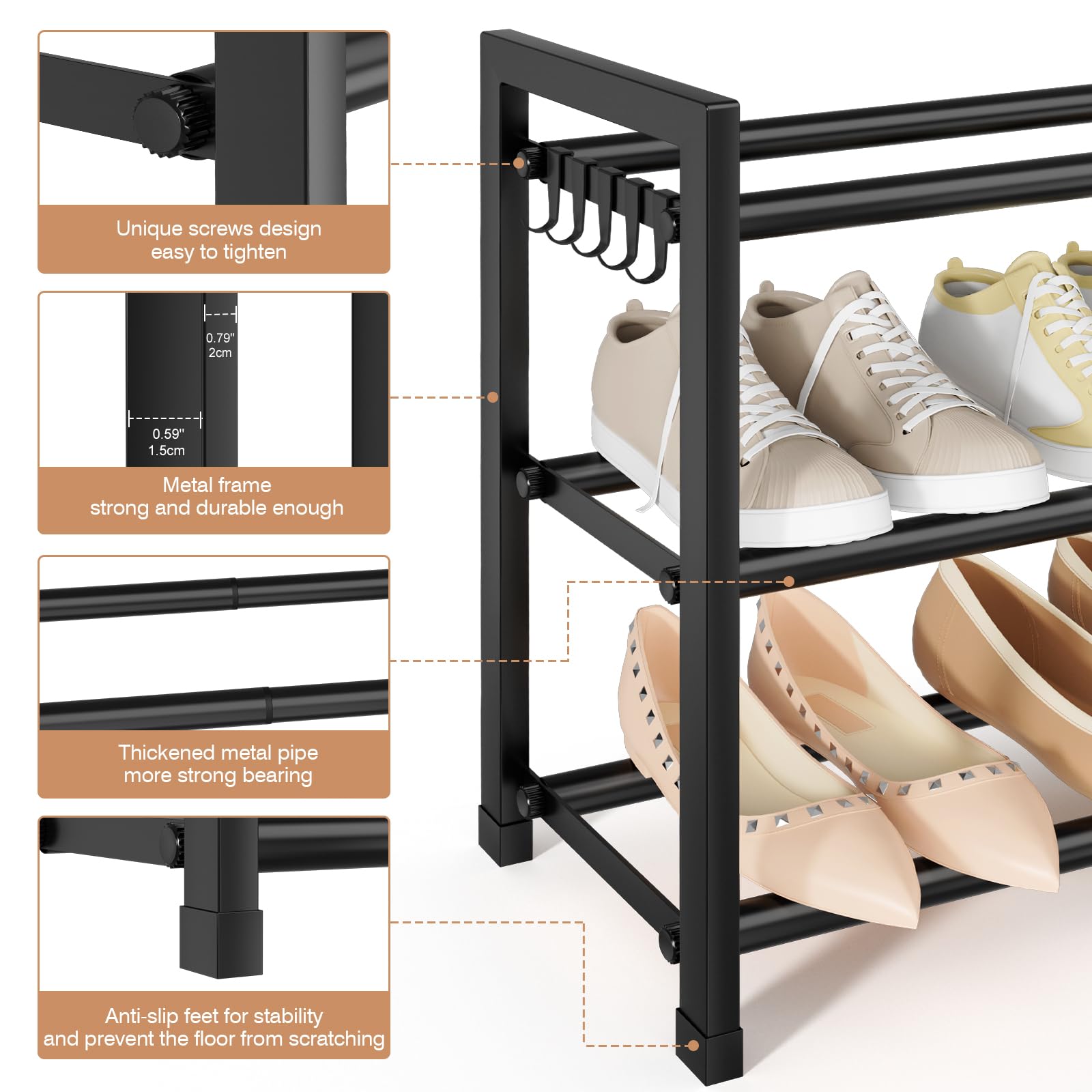 VGOBLO Expandable Shoe Rack five hooks for accessories and extra organization.