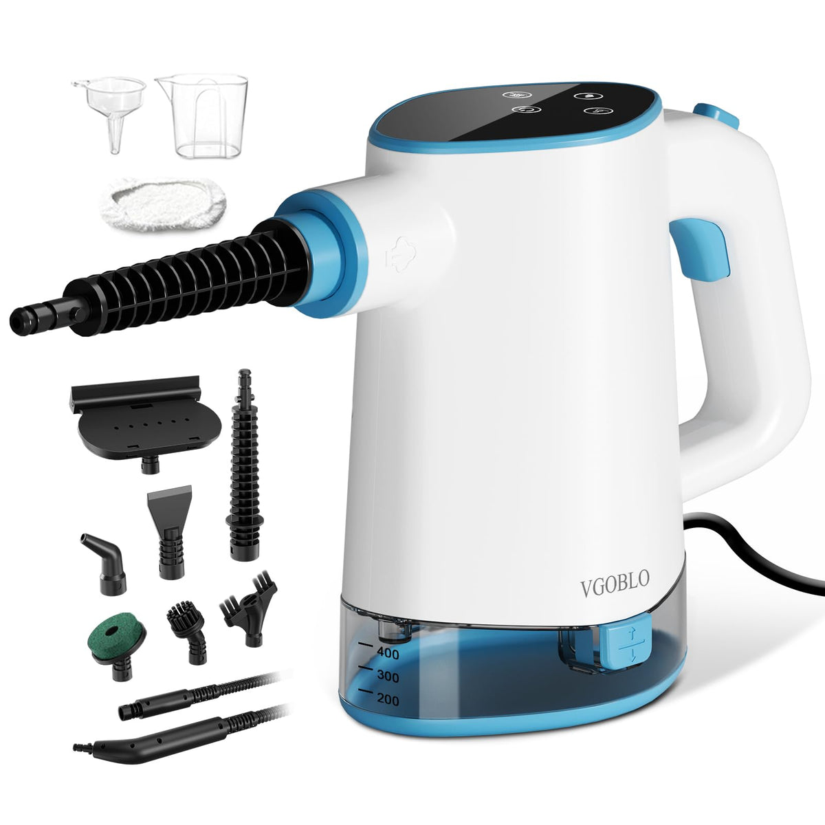 VGOBLO handheld steam cleaner in action, rapid heat for quick stain removal.