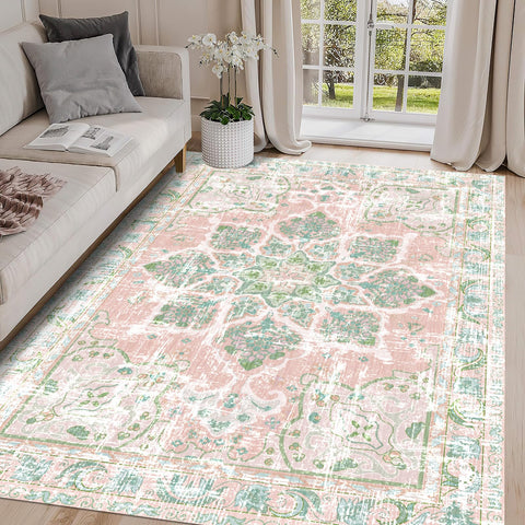 Vhong boho rug in dusty pink and green adds cozy, versatile living room style.