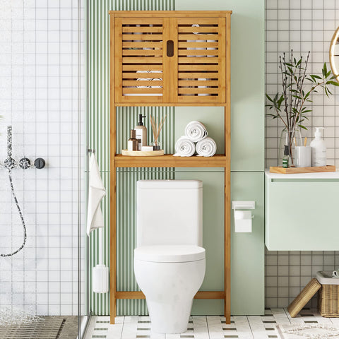 VIAGDO tall bathroom cabinet in a typical bathroom beside washer and toilet.